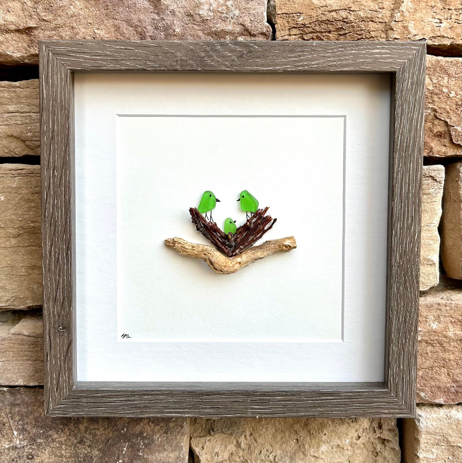 Sea Glass Bird Family in Nest, 8x8 Framed Picture, New Baby Gift, Mother’s Day Gift, Handmade Artwork, New Parents Gift