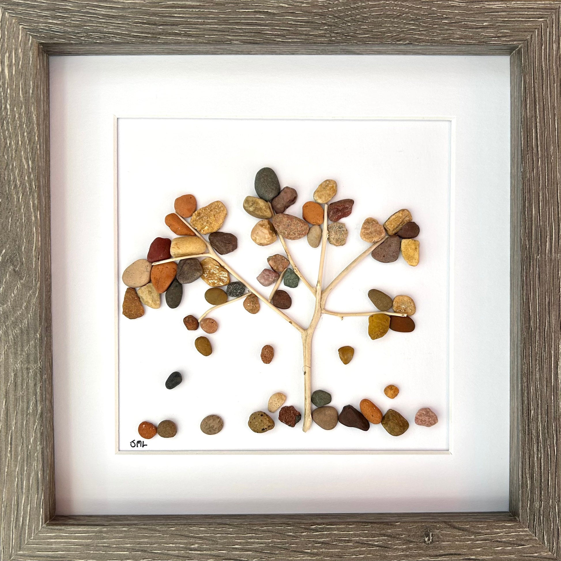 Falling Leaves Pebble Art Picture, 9x9 Original Wall Decor, Handmade Nature Artwork