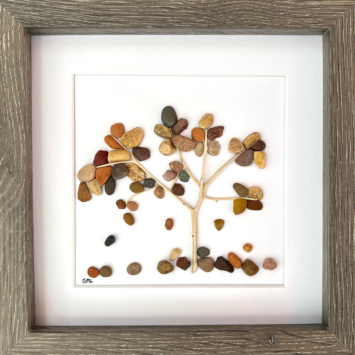 Falling Leaves Pebble Art Picture, 9x9 Original Wall Decor, Handmade Nature Artwork