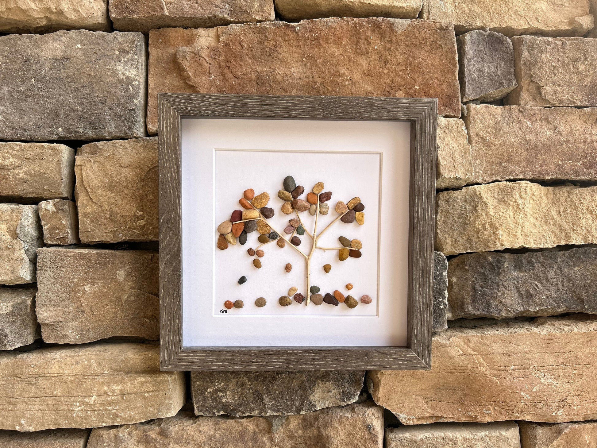 Falling Leaves Pebble Art Picture, 9x9 Original Wall Decor, Handmade Nature Artwork