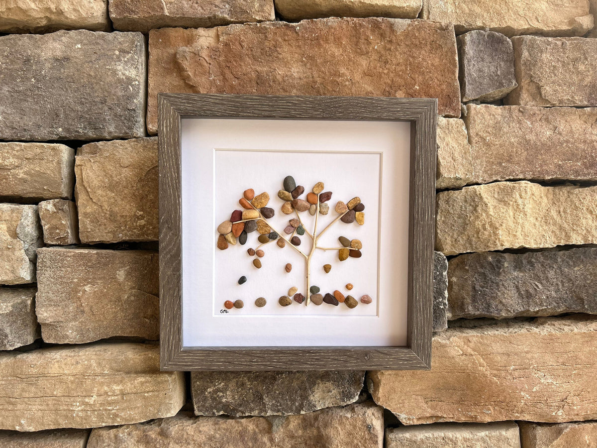Falling Leaves Pebble Art Picture, 9x9 Original Wall Decor, Handmade Nature Artwork