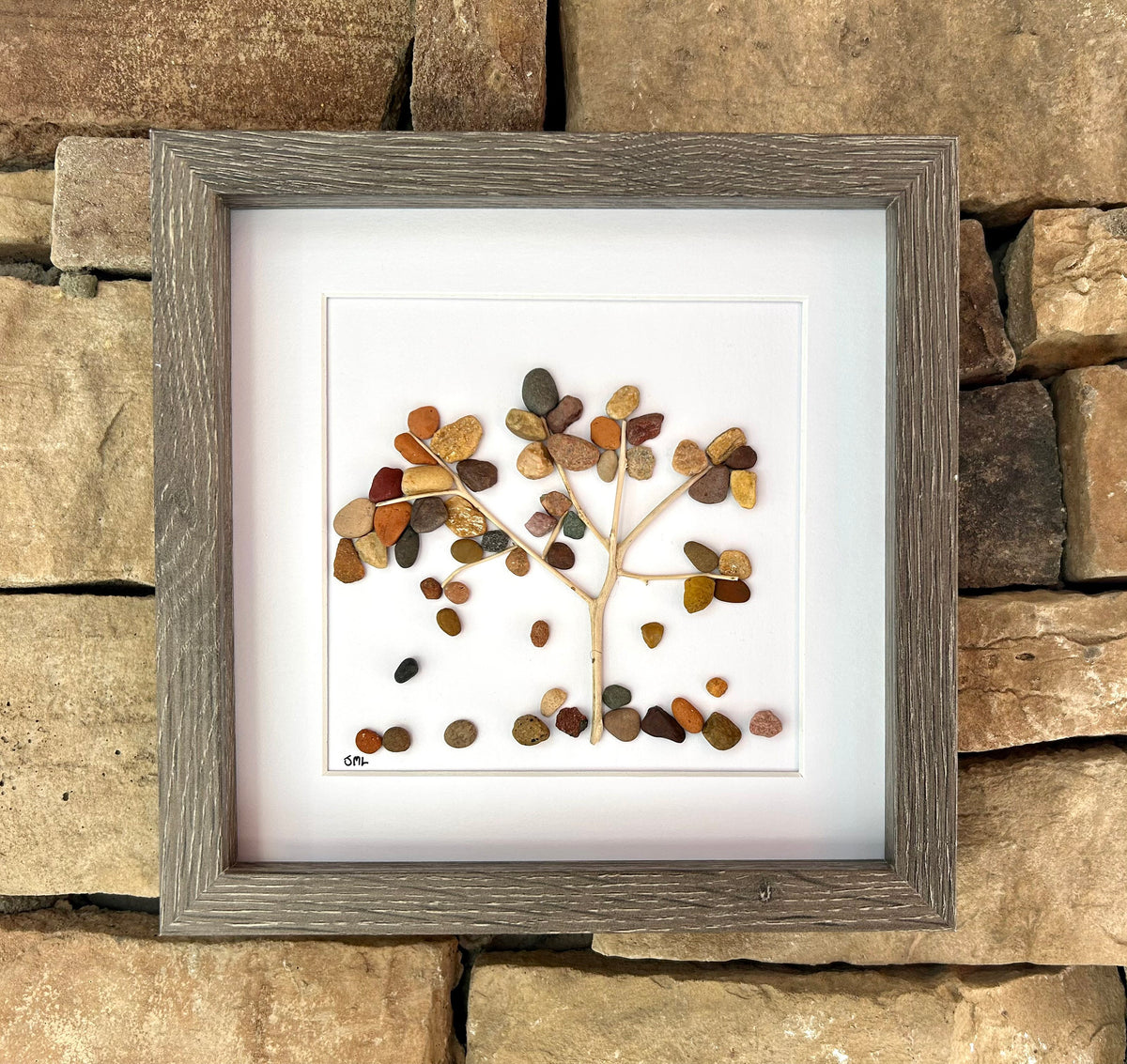 Falling Leaves Pebble Art Picture, 9x9 Original Wall Decor, Handmade Nature Artwork