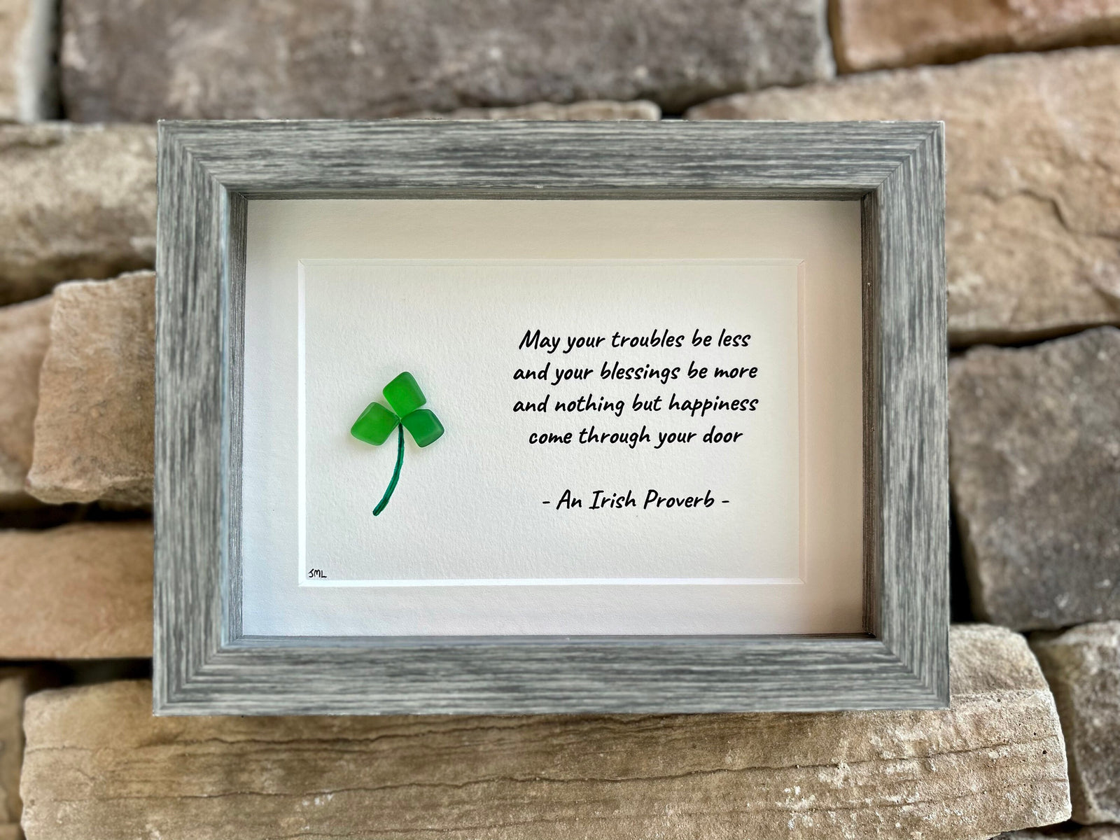 Irish Blessing Shamrock Sea Glass Art, 5x7 Framed Picture, St Patrick’s Day, Ireland