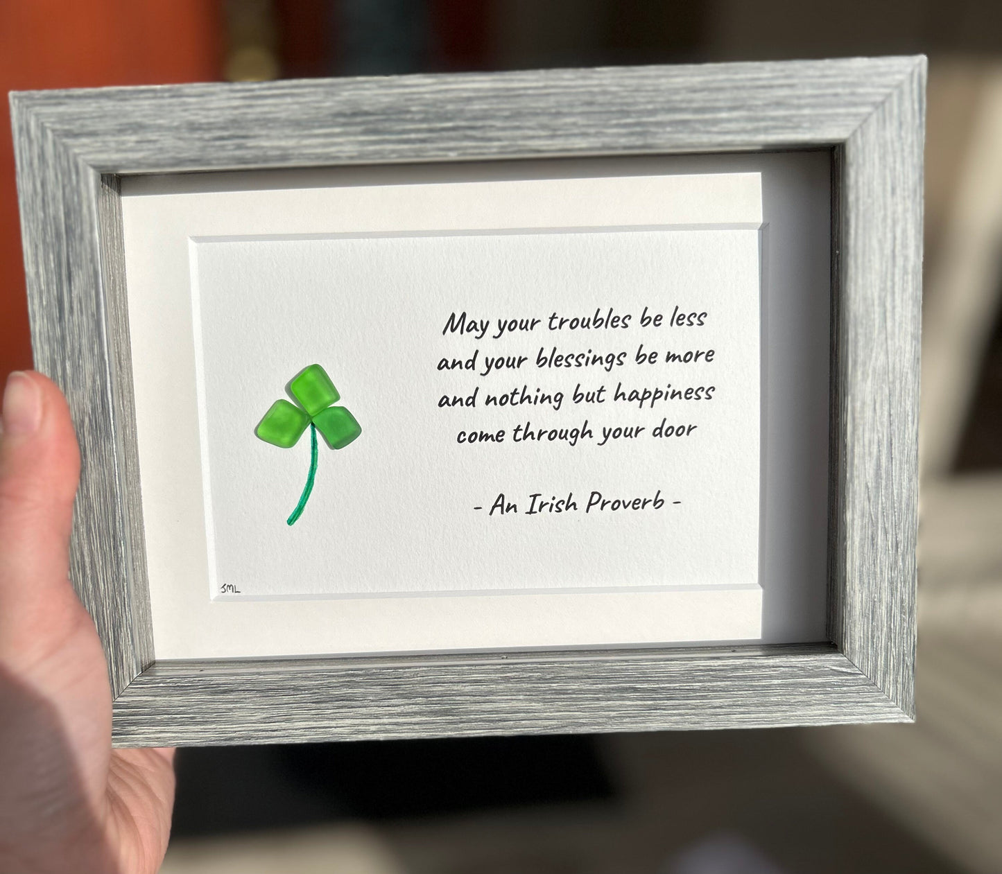 Irish Blessing Shamrock Sea Glass Art, 5x7 Framed Picture, St Patrick’s Day, Ireland