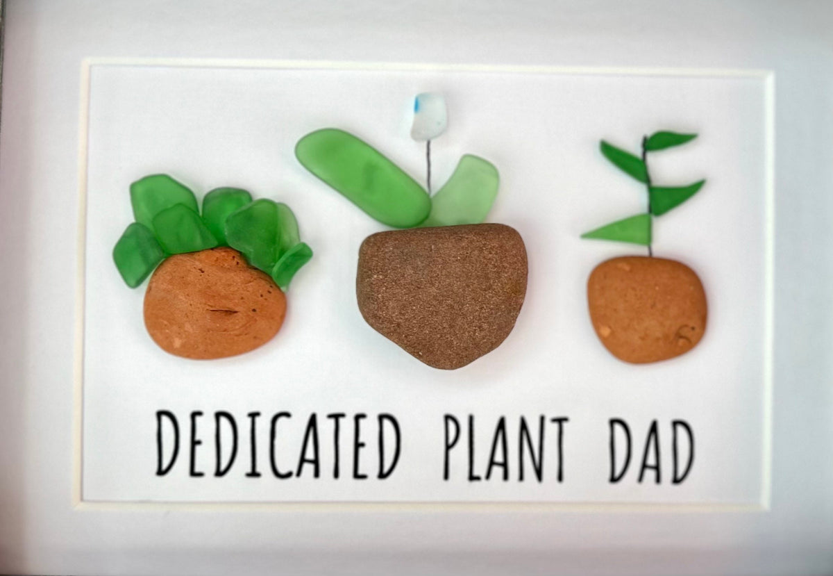 Dedicated Plant Dad | Art for Gardener | Gift for Plant Lover | Plants in Clay Pots | Gift for Mom | Gift for Dad | 5x7 Sea Glass Art