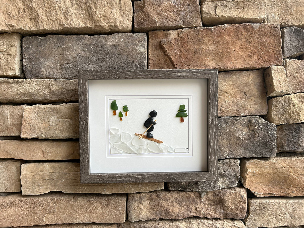 Skiing Pebble and Sea Glass Picture, 8x10 Framed Handmade Art, Gift for Skier, Ski Lover