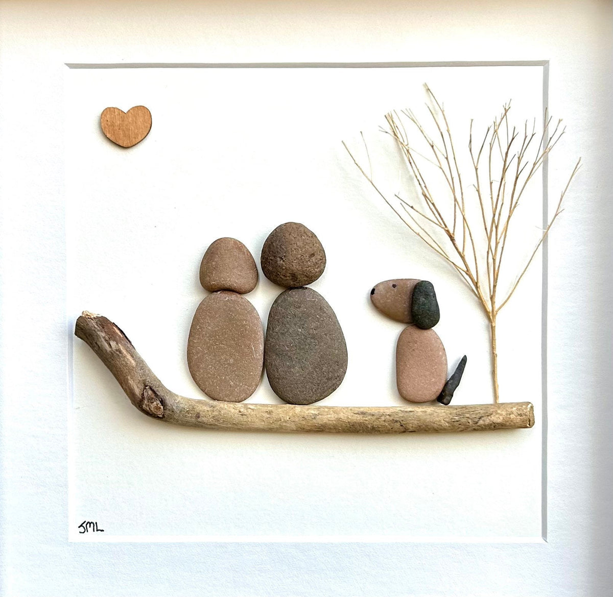 Couple with Dog Pebble Art, 8x8 Framed Picture, Personalized Pet Artwork, Perfect Gift for Dog Owners