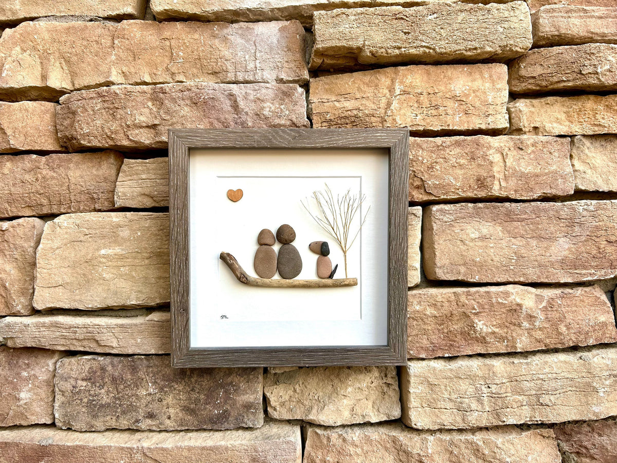 Couple with Dog Pebble Art, 8x8 Framed Picture, Personalized Pet Artwork, Perfect Gift for Dog Owners