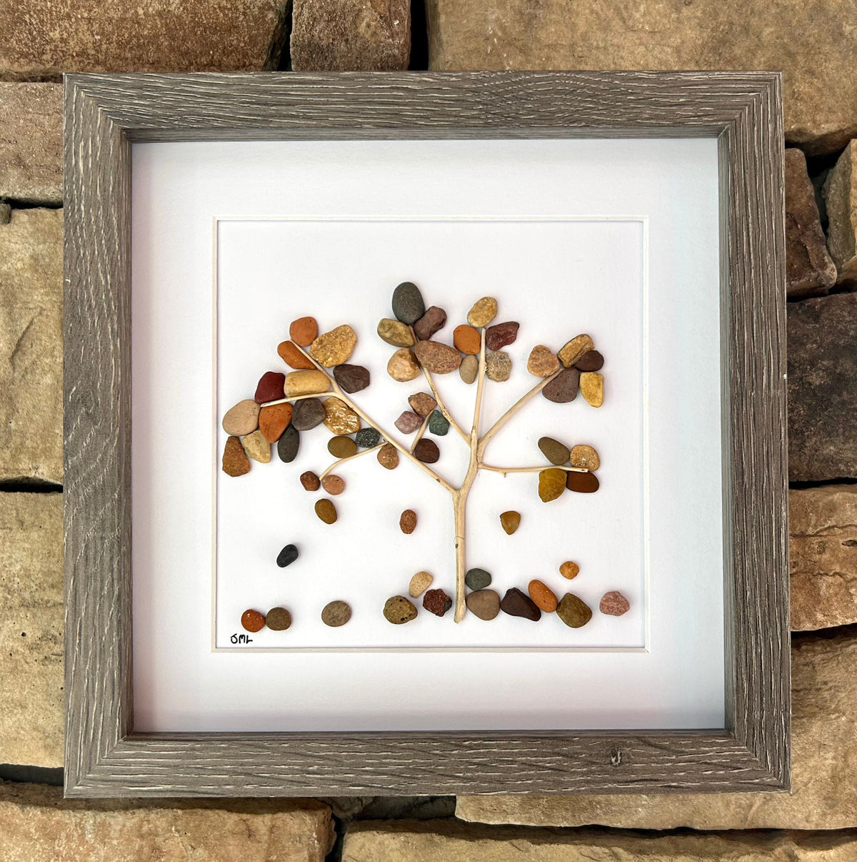 Falling Leaves Pebble Art Picture, 9x9 Original Wall Decor, Handmade Nature Artwork