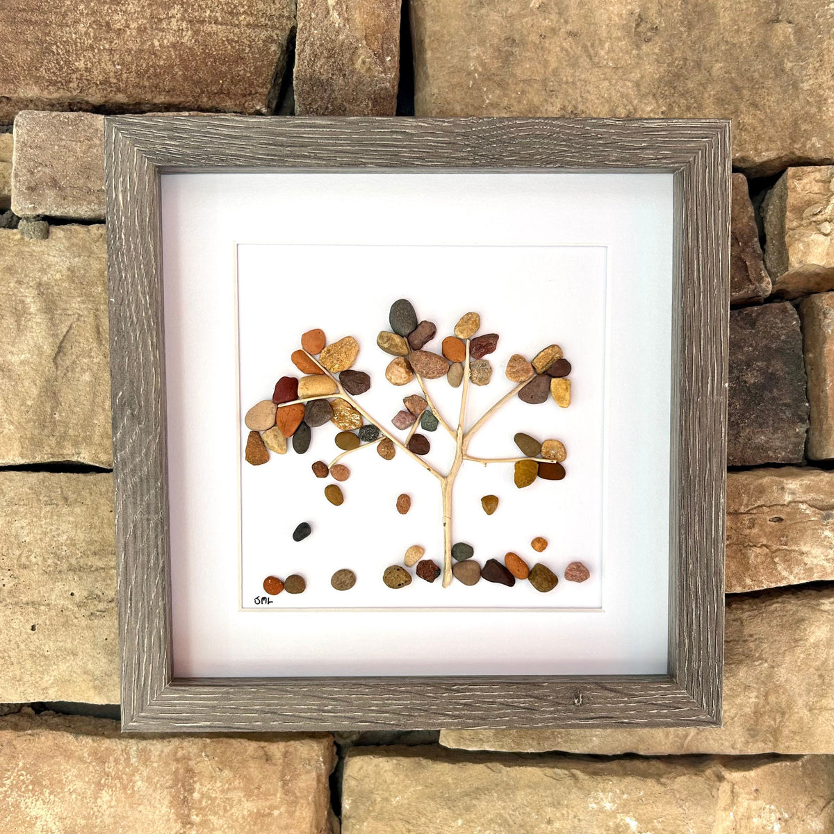 Falling Leaves Pebble Art Picture, 9x9 Original Wall Decor, Handmade Nature Artwork