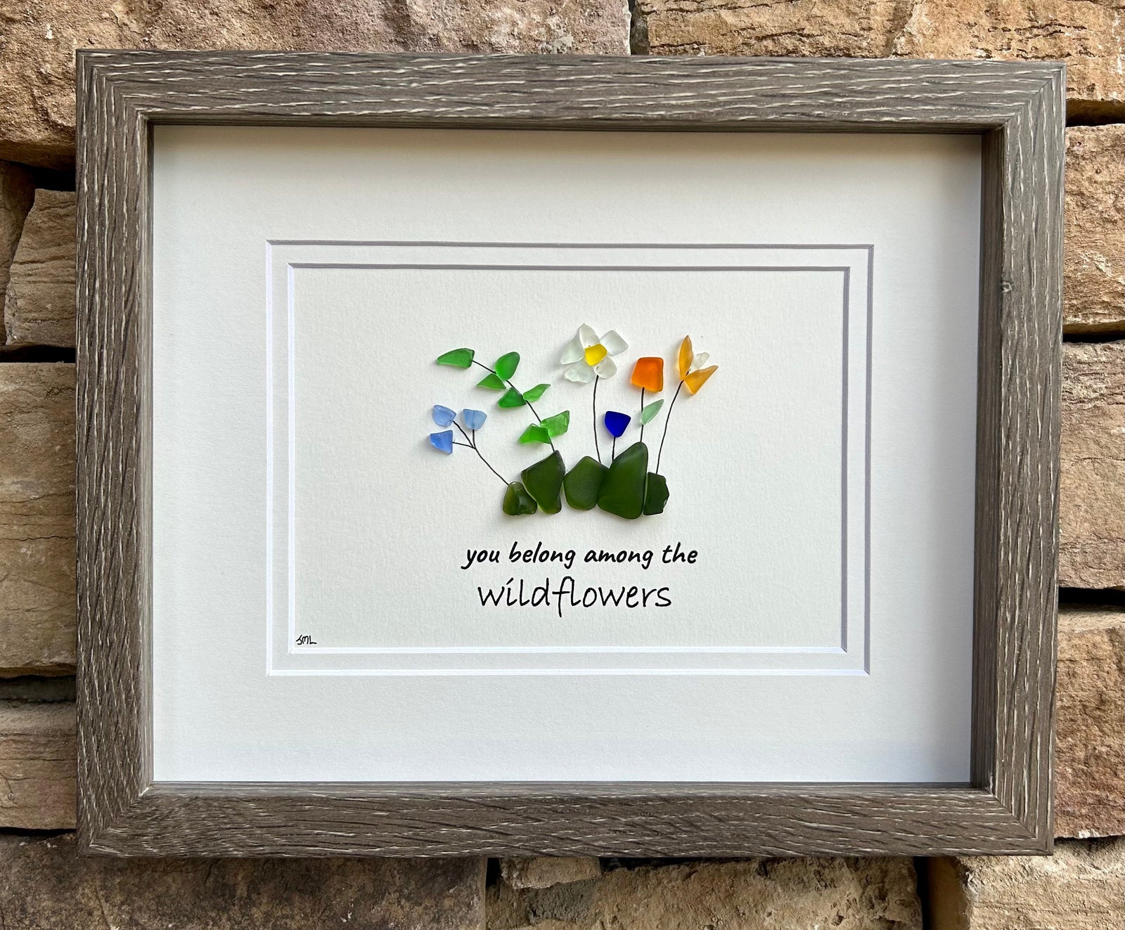You Belong Among The Wildflowers Sea Glass Art, Original Framed Beach Artwork, Pretty Flowers