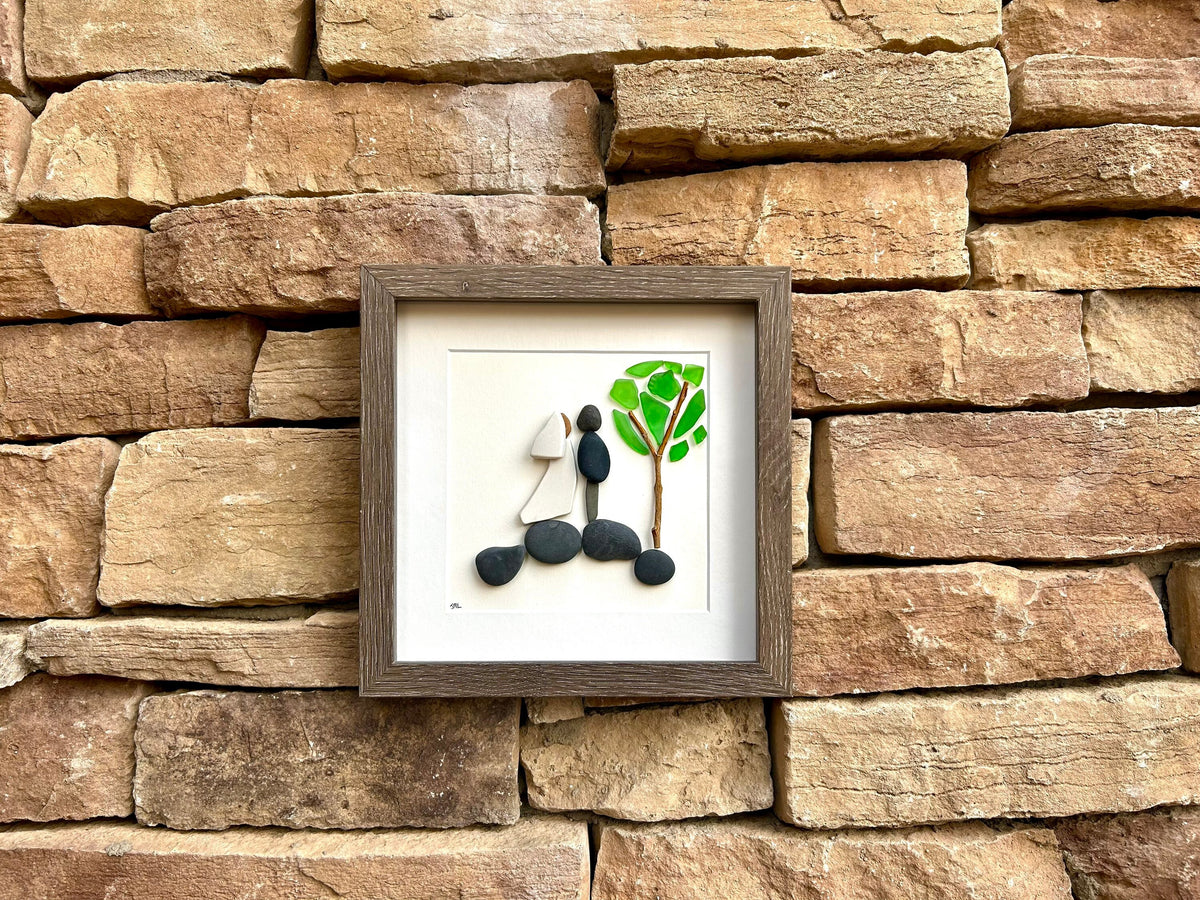 Unique Wedding Gift, 8x8 Handmade Pebble, Sea Glass and Pottery Collage, Great Personalized Gift for Newly Weds