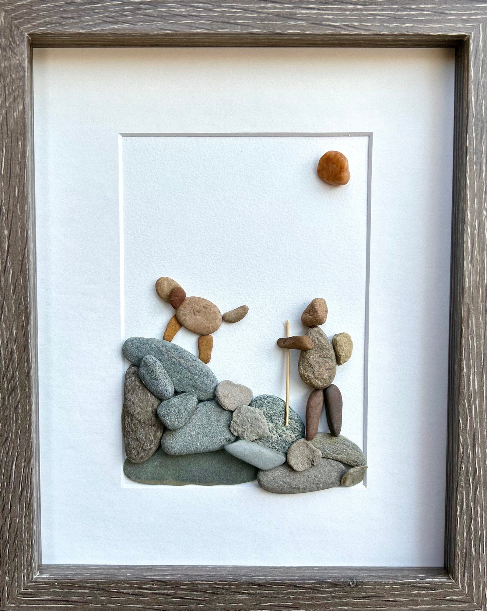 Hiking With Dog Framed Pebble Art, 8 x 10" Handmade Picture, Perfect Gift for Hiker