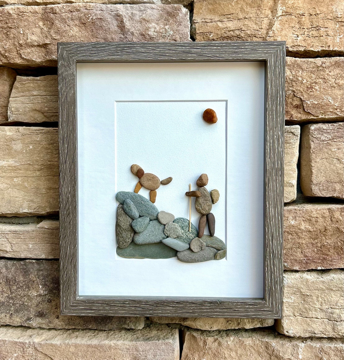 Hiking With Dog Framed Pebble Art, 8 x 10&quot; Handmade Picture, Perfect Gift for Hiker