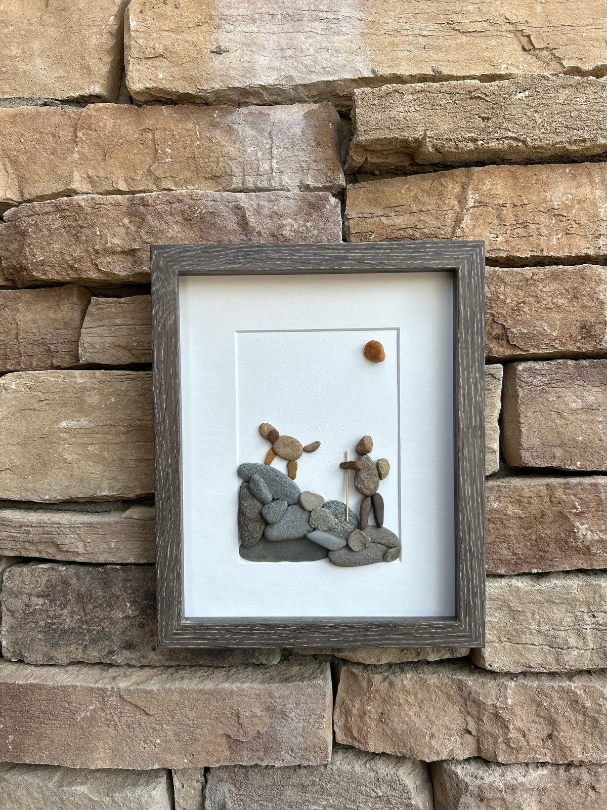 Hiking With Dog Framed Pebble Art, 8 x 10&quot; Handmade Picture, Perfect Gift for Hiker