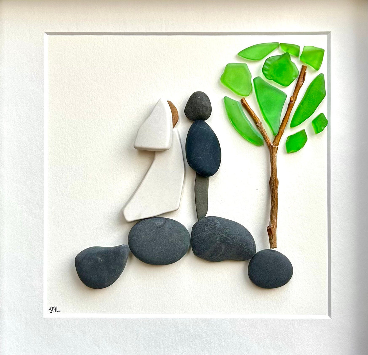 Unique Wedding Gift, 8x8 Handmade Pebble, Sea Glass and Pottery Collage, Great Personalized Gift for Newly Weds