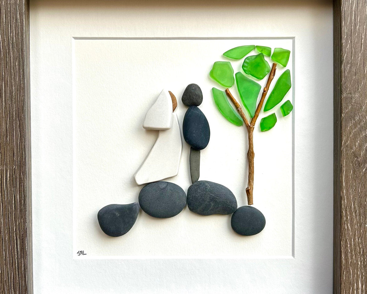 Unique Wedding Gift, 8x8 Handmade Pebble, Sea Glass and Pottery Collage, Great Personalized Gift for Newly Weds