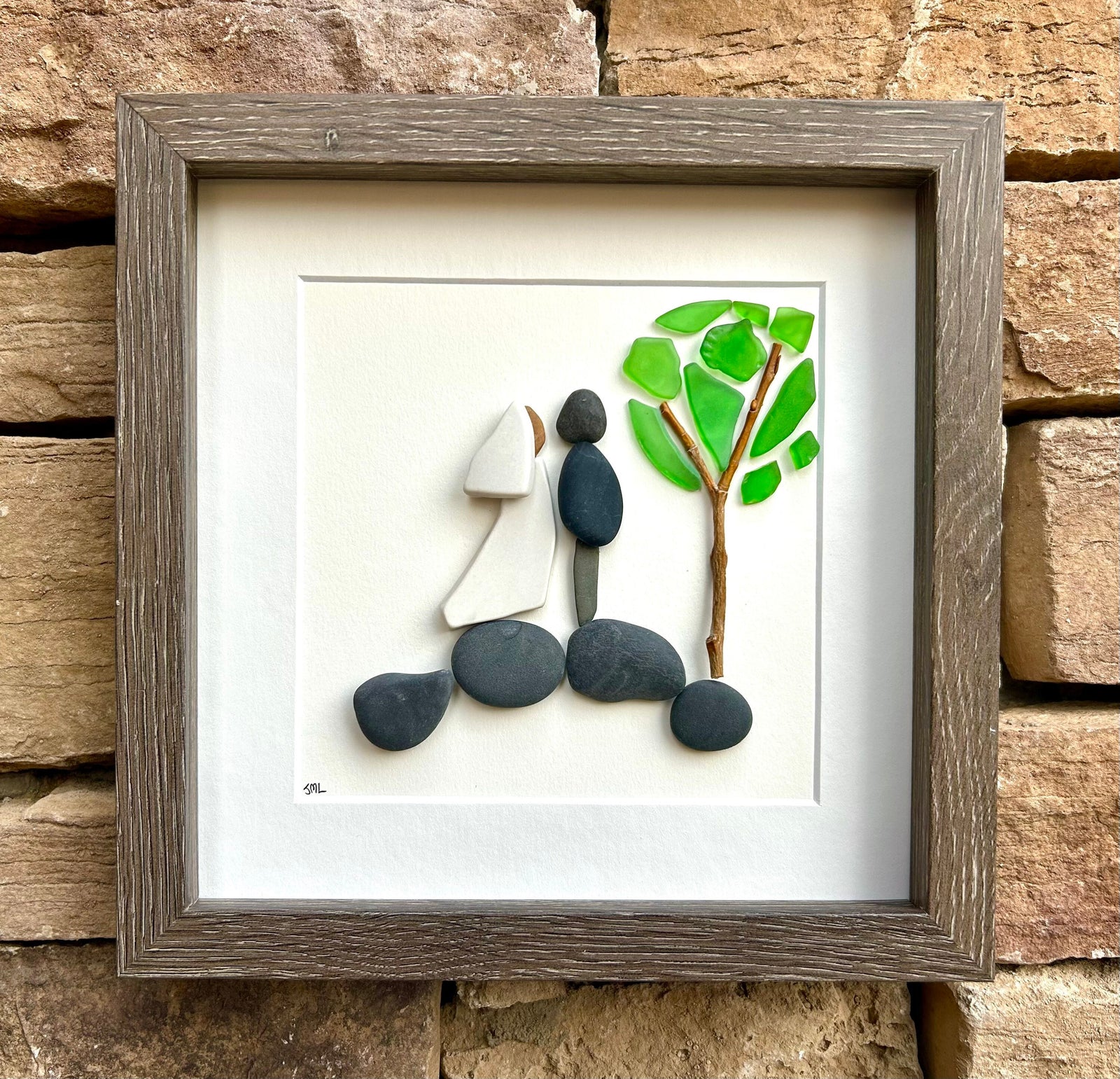Unique Wedding Gift, 8x8 Handmade Pebble, Sea Glass and Pottery Collage, Great Personalized Gift for Newly Weds
