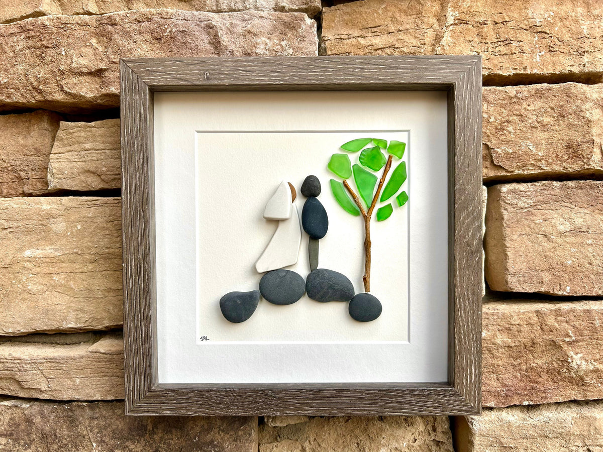 Unique Wedding Gift, 8x8 Handmade Pebble, Sea Glass and Pottery Collage, Great Personalized Gift for Newly Weds