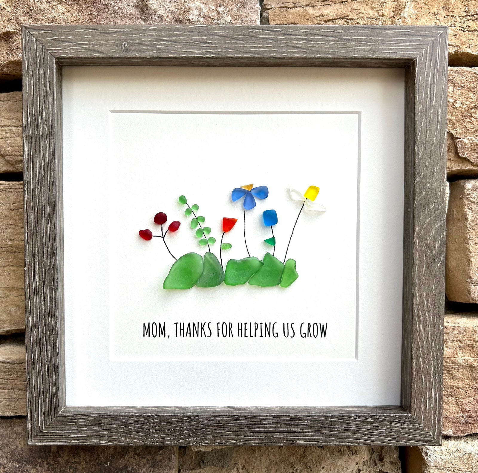 Mother’s Day Sea Glass Flowers, Framed 9x9 Picture, Unique Gift for Mom, Personalized Mother's Day Gift