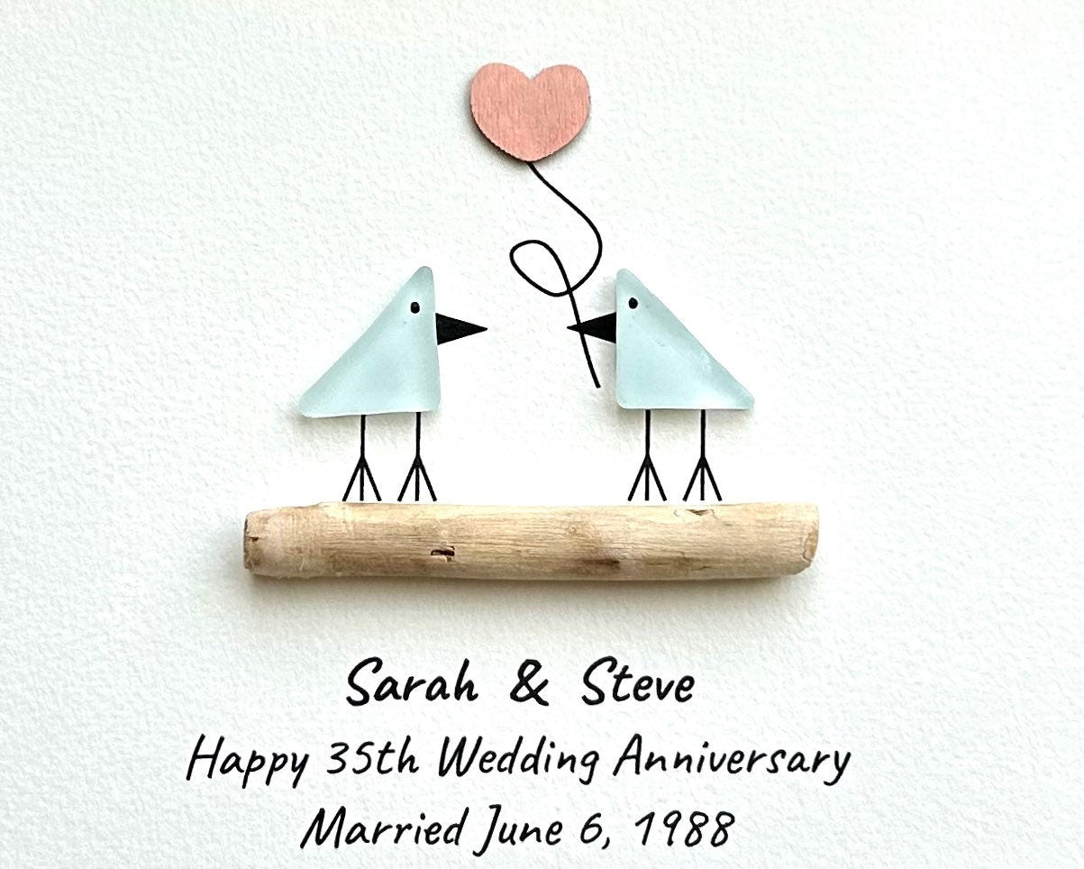 Personalized Sea Glass Anniversary Art, Coral Heart, 35th Anniversary
