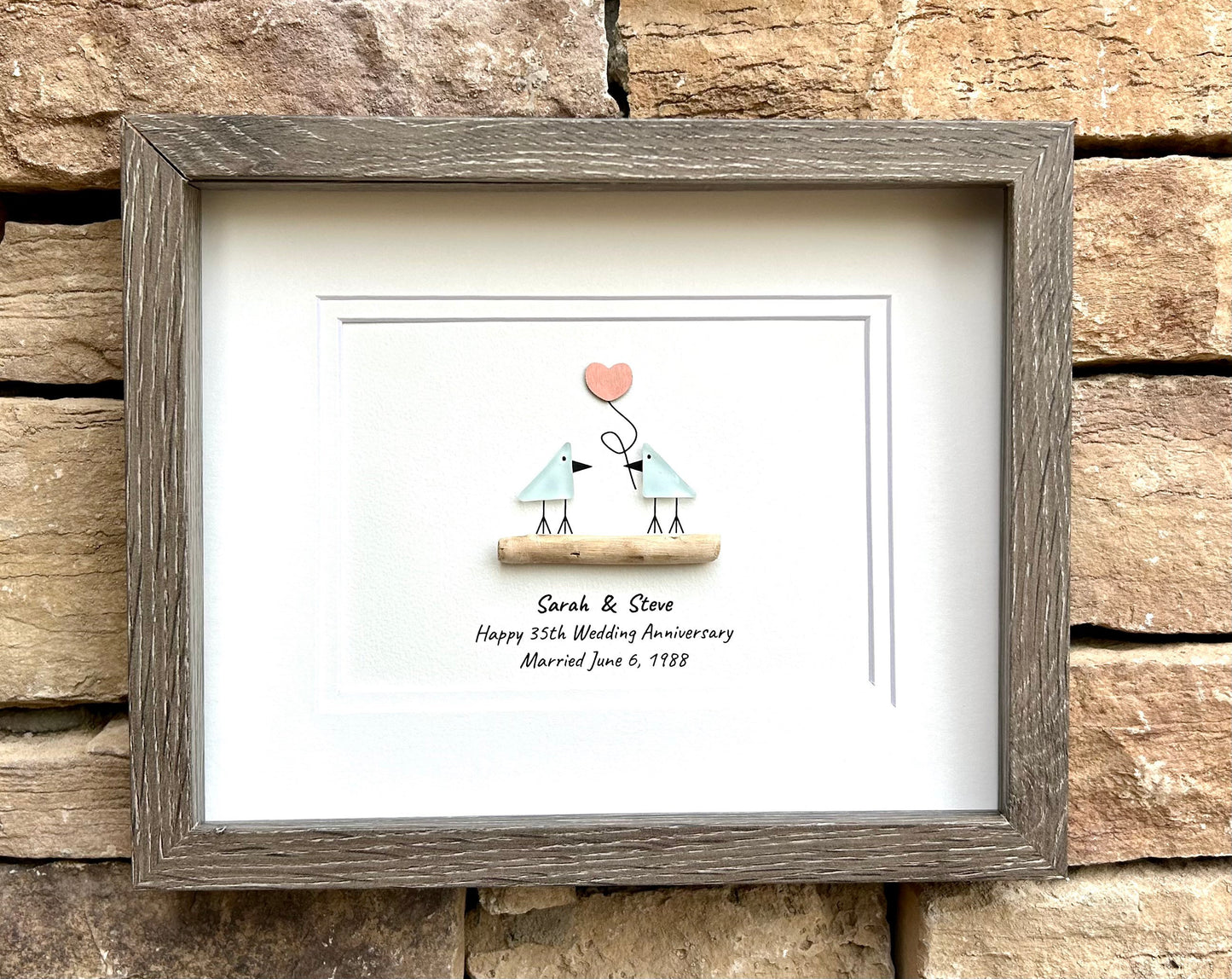 Personalized Sea Glass Anniversary Art, Coral Heart, 35th Anniversary