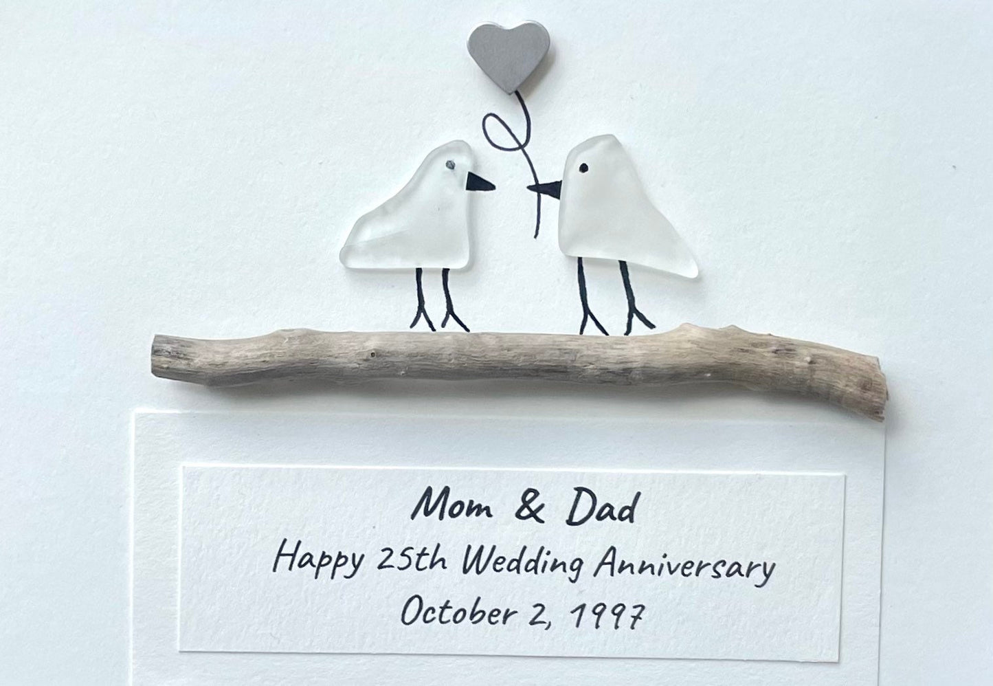 25th Wedding Anniversary Personalized Gift, Silver Anniversary Art, Anniversary Gift for Wife, Husband, Parents, Sea Glass Art
