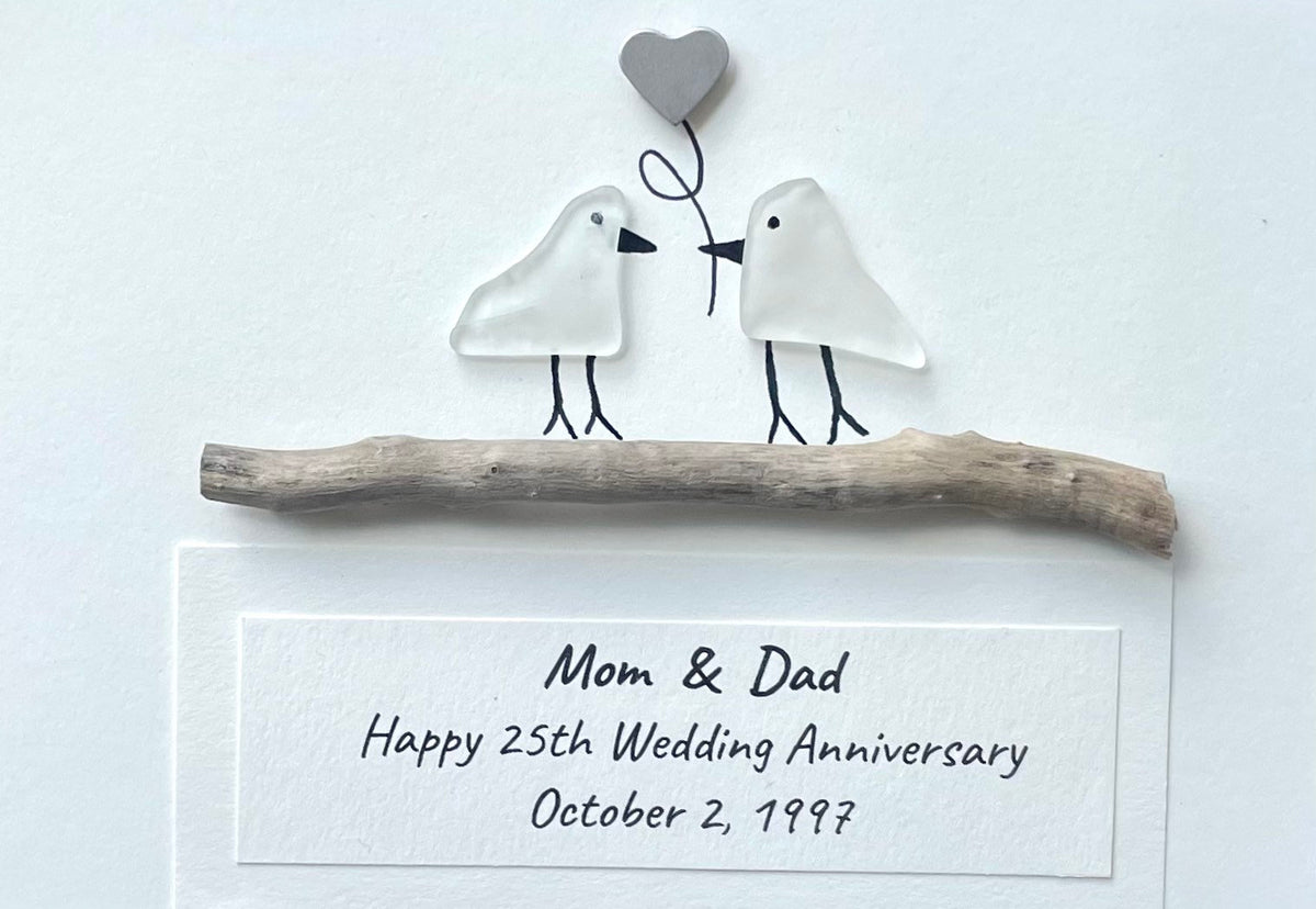 25th Wedding Anniversary Personalized Gift, Silver Anniversary Art, Anniversary Gift for Wife, Husband, Parents, Sea Glass Art