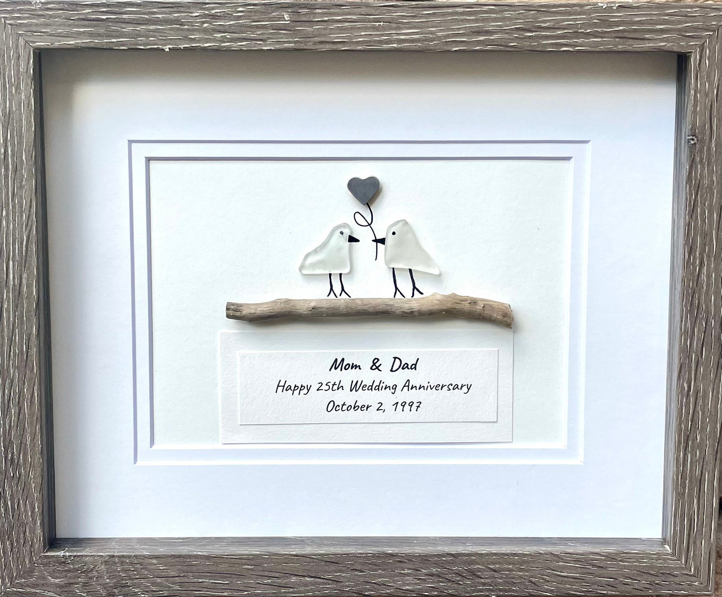 25th Wedding Anniversary Personalized Gift, Silver Anniversary Art, Anniversary Gift for Wife, Husband, Parents, Sea Glass Art