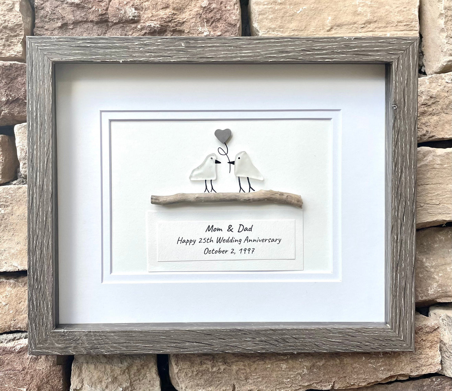 25th Wedding Anniversary Personalized Gift, Silver Anniversary Art, Anniversary Gift for Wife, Husband, Parents, Sea Glass Art