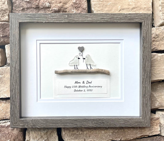 25th Wedding Anniversary Personalized Gift, Silver Anniversary Art, Anniversary Gift for Wife, Husband, Parents, Sea Glass Art