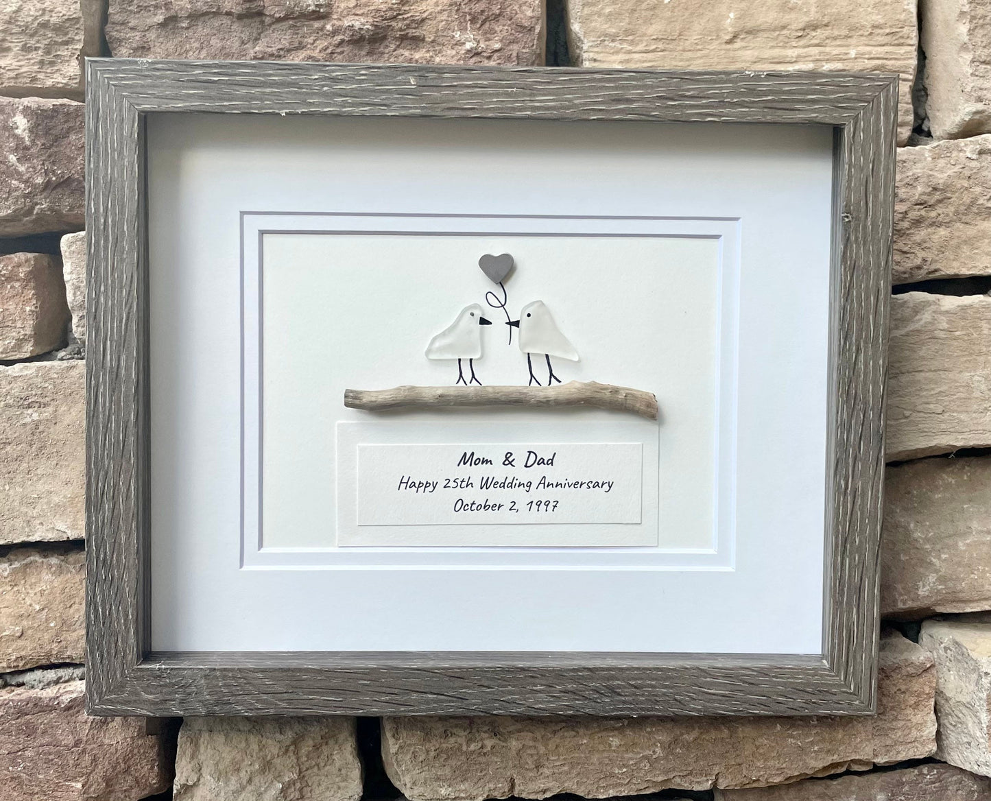 25th Wedding Anniversary Personalized Gift, Silver Anniversary Art, Anniversary Gift for Wife, Husband, Parents, Sea Glass Art