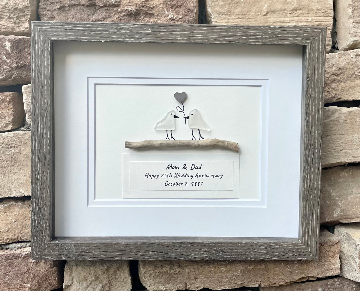 25th Wedding Anniversary Personalized Gift, Silver Anniversary Art, Anniversary Gift for Wife, Husband, Parents, Sea Glass Art