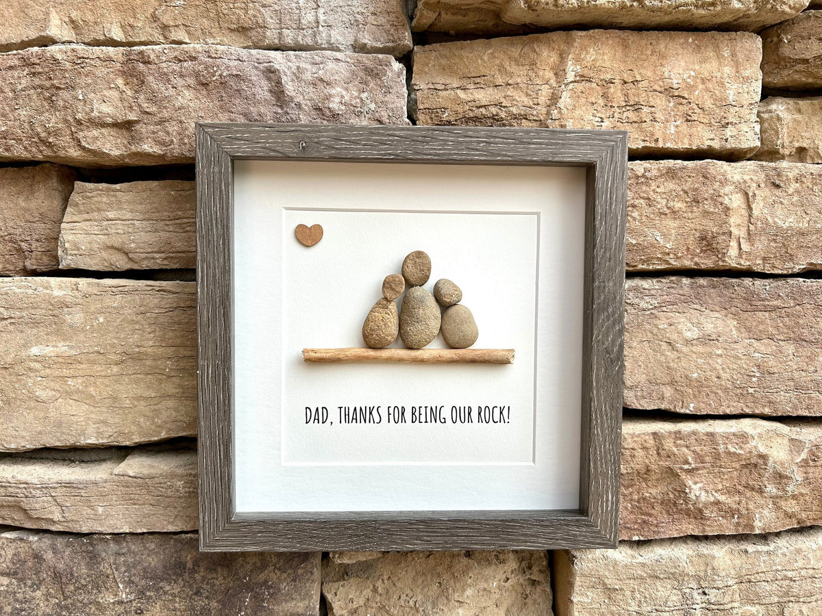 Framed Gift for Dad, Handmade Pebble Art &quot;Dad, Thanks for Being Our Rock&quot;, Gift From Kids to Dad, Personalized Father’s Day Gift