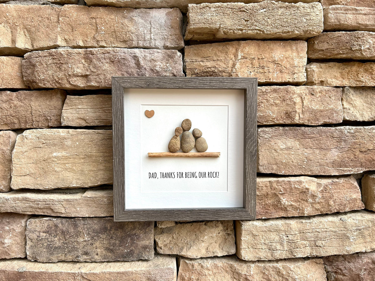 Framed Gift for Dad, Handmade Pebble Art &quot;Dad, Thanks for Being Our Rock&quot;, Gift From Kids to Dad, Personalized Father’s Day Gift