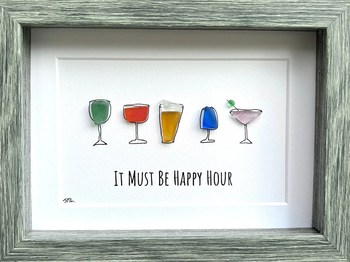 Happy Hour Sea Glass Art, 5x7 Framed Handmade Picture, Bar Decoration, Cocktail Art, Housewarming Gift, Gift for Friend