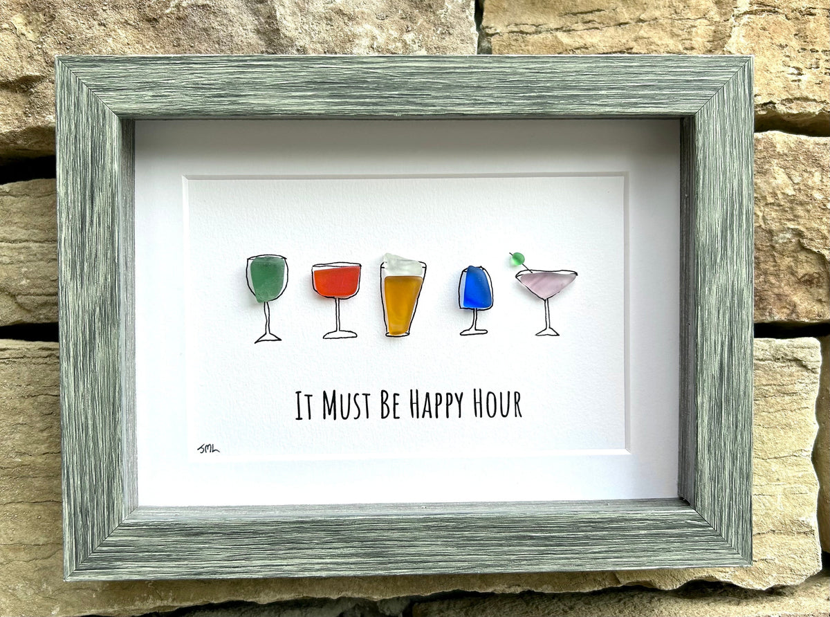 Happy Hour Sea Glass Art, 5x7 Framed Handmade Picture, Bar Decoration, Cocktail Art, Housewarming Gift, Gift for Friend