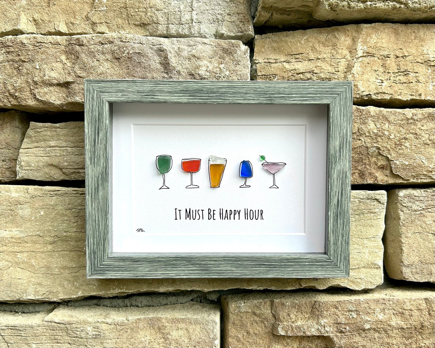 Happy Hour Sea Glass Art, Cocktail Wall Decor, Bar Cart Decor, Framed Drink Art, Kitchen Bar Sign, Housewarming Gift, Gift for Friend