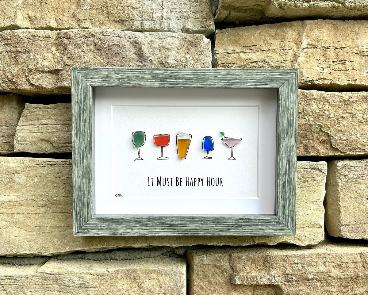 Happy Hour Sea Glass Art, 5x7 Framed Handmade Picture, Bar Decoration, Cocktail Art, Housewarming Gift, Gift for Friend