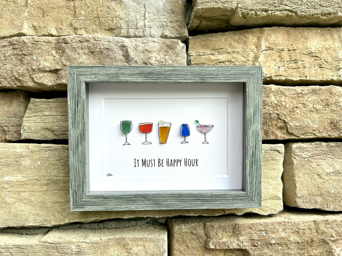 Happy Hour Sea Glass Art, 5x7 Framed Handmade Picture, Bar Decoration, Cocktail Art, Housewarming Gift, Gift for Friend