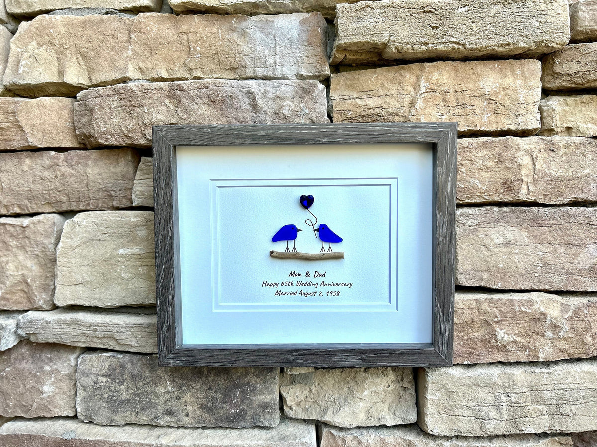 65th Wedding Anniversary Personalized Gift, 8x10” Framed Sea Glass Art, Blue Sapphire Anniversary Gift for Parents, Wife, Husband