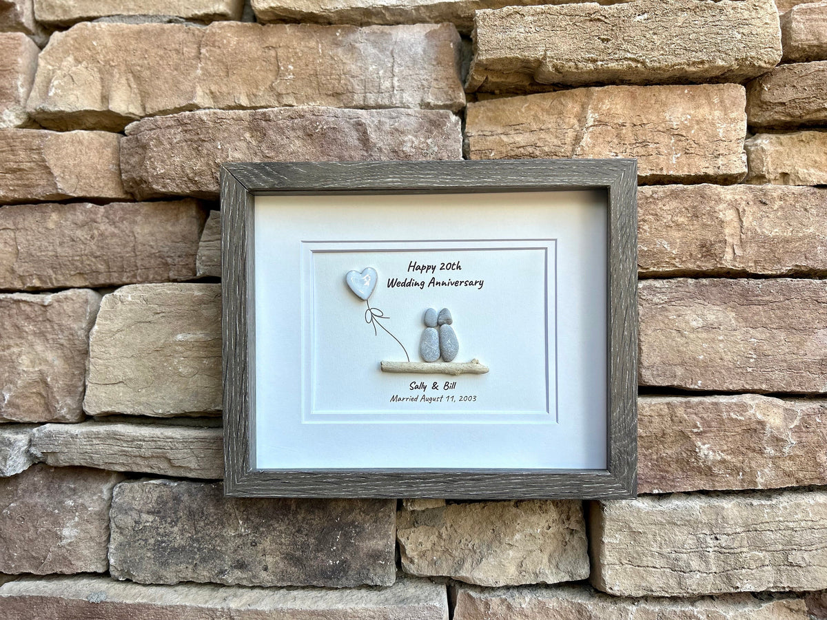 20th Wedding Anniversary Gift with China Heart | 8x10 Framed Pebble Art | Personalized Gift for Husband, Wife, or Couple
