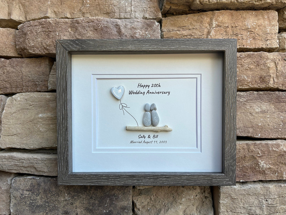 20th Wedding Anniversary Gift with China Heart | 8x10 Framed Pebble Art | Personalized Gift for Husband, Wife, or Couple