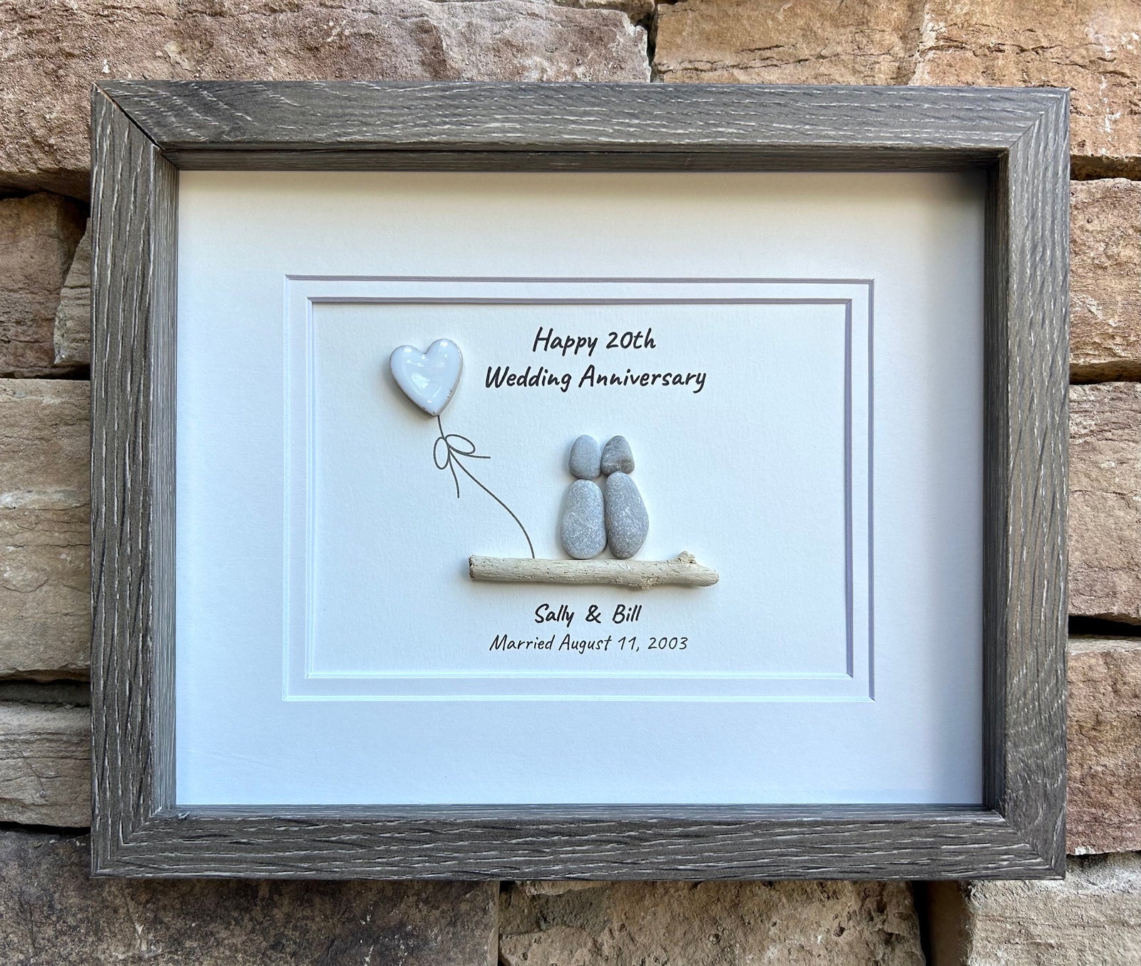 20th Wedding Anniversary Gift with China Heart | 8x10 Framed Pebble Art | Personalized Gift for Husband, Wife, or Couple