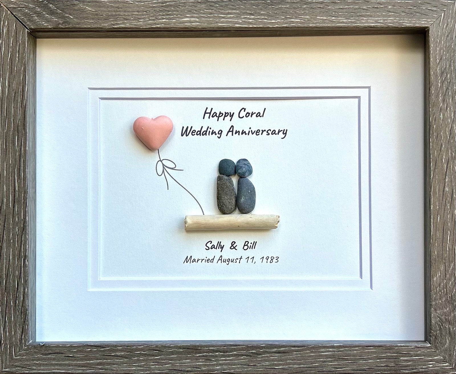 35th Coral Wedding Anniversary Personalized Gift, Custom Framed Anniversary Pebble Art, Anniversary Gift for Wife, Husband, Parents,
