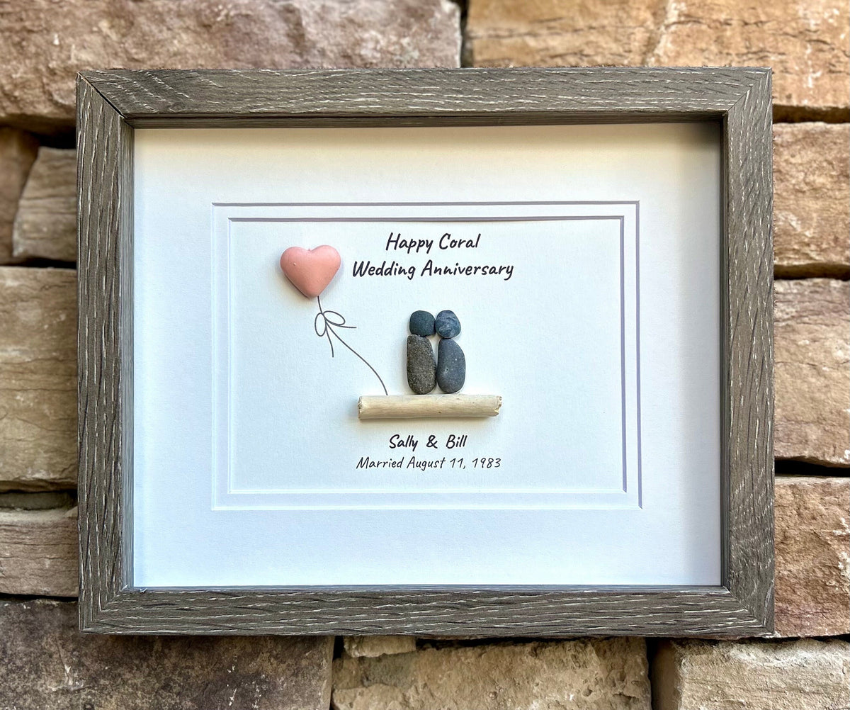 35th Coral Wedding Anniversary Personalized Gift, Custom Framed Anniversary Pebble Art, Anniversary Gift for Wife, Husband, Parents,