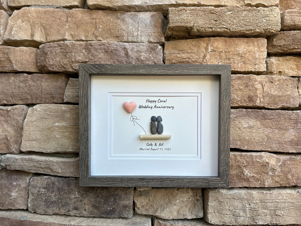35th Coral Wedding Anniversary Personalized Gift, Custom Framed Anniversary Pebble Art, Anniversary Gift for Wife, Husband, Parents,