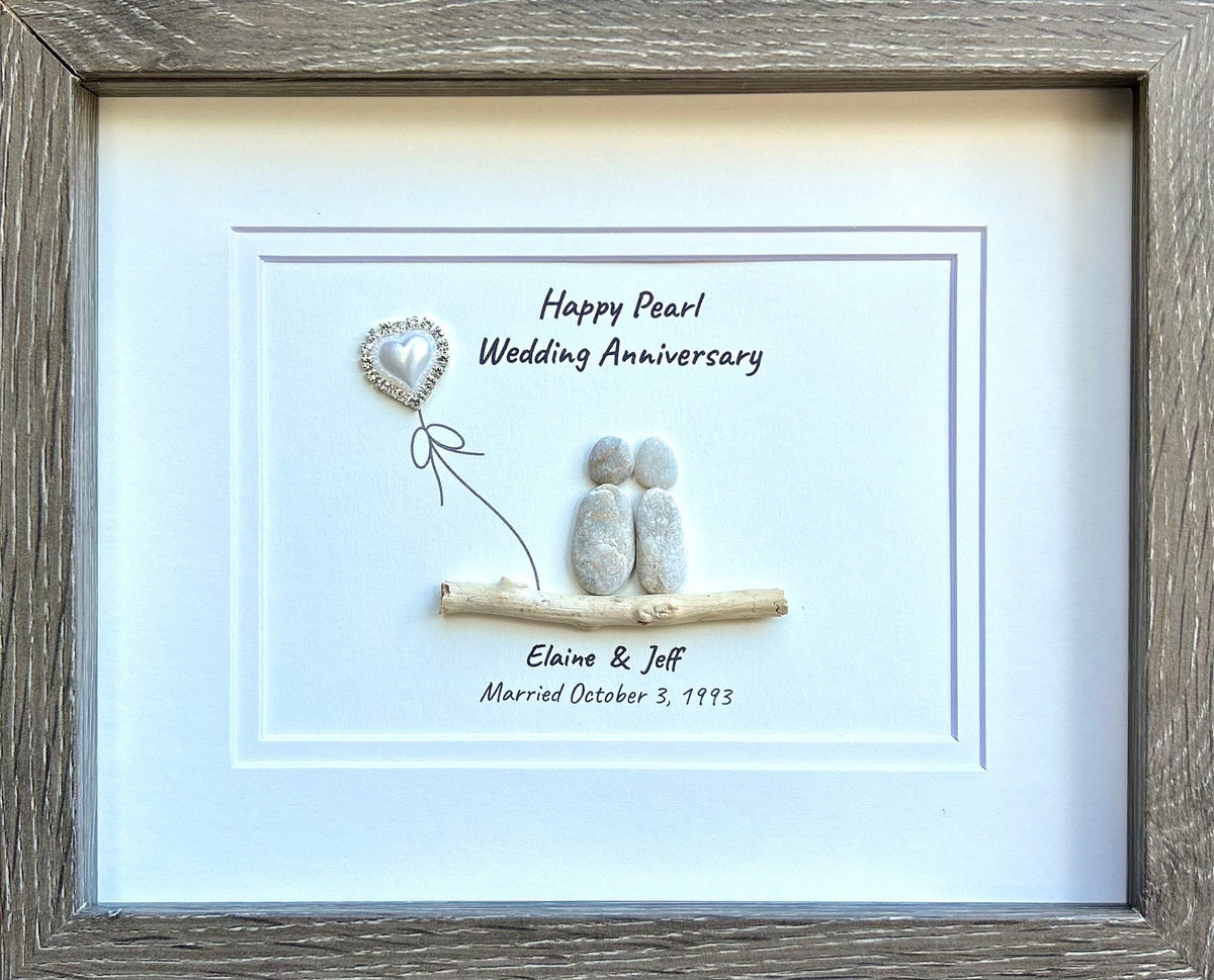 30th “Pearl” Wedding Anniversary Personalized Gift, 8 x 10” Framed Pebble Art, Anniversary Gift - Parents, Wife, Husband, Friends, Sea Glass