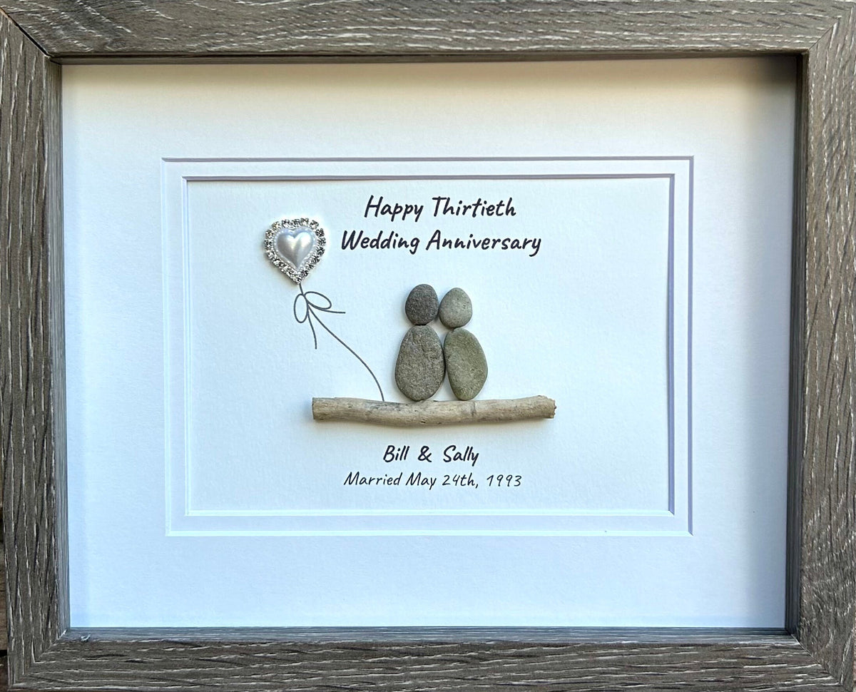 30th “Pearl” Wedding Anniversary Personalized Gift, 8 x 10” Framed Pebble Art, Anniversary Gift - Parents, Wife, Husband, Friends, Sea Glass