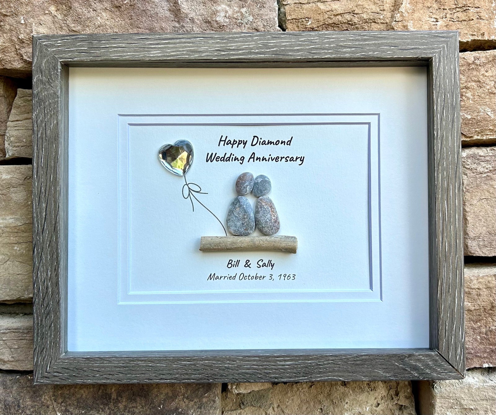 60th Diamond Wedding Anniversary 8x10" Framed Pebble Art, Personalized Anniversary Gift for Parents, Wife, Husband, Friends